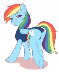 Size: 1625x1983 | Tagged: safe, artist:twilightsparkee, rainbow dash, pegasus, pony, g4, butt, clothes, looking at you, looking back, looking back at you, one-piece swimsuit, plot, rainbutt dash, simple background, solo, swimsuit, white background