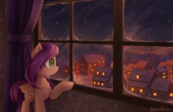 Size: 2940x1900 | Tagged: safe, artist:emeraldgalaxy, fluttershy, pegasus, pony, g4, city, eye clipping through hair, eyebrows, eyebrows visible through hair, female, folded wings, high res, house, indoors, looking away, looking out the window, mare, ponyville, profile, raised hoof, scenery, signature, smiling, snow, solo, standing, window, wings, winter