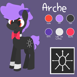 Size: 2000x2000 | Tagged: safe, artist:arche, oc, oc only, oc:arche medley, demon, demon pony, bowtie, cufflinks, high res, reference sheet