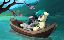 Size: 2650x1656 | Tagged: safe, artist:emeraldgalaxy, octavia melody, oc, oc:remainatto, earth pony, pony, unicorn, g4, attovia, blushing, boat, canon x oc, chest fluff, commission, duo, duo male and female, ear fluff, eye clipping through hair, eye contact, eyebrows, eyebrows visible through hair, female, floppy ears, high res, horn, looking at each other, looking at someone, male, mare, not sandbar, open mouth, outdoors, river, scenery, shipping, signature, stallion, straight, tree branch, unicorn oc, water