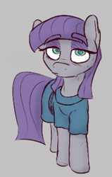Size: 227x357 | Tagged: safe, artist:newpone, maud pie, earth pony, pony, g4, clothes, eyebrows, eyebrows visible through hair, female, gray background, mare, simple background, solo, sweat