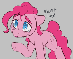 Size: 335x270 | Tagged: safe, artist:newpone, pinkie pie, earth pony, pony, g4, crying, cute, female, gray background, hugs needed, mare, raised hoof, simple background, solo, teary eyes, text