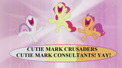 Size: 1280x720 | Tagged: safe, edit, edited screencap, editor:korora, screencap, apple bloom, scootaloo, sweetie belle, earth pony, pegasus, pony, unicorn, crusaders of the lost mark, g4, adorabloom, cute, cutealoo, cutie mark crusaders, diasweetes, female, filly, foal, speech bubble, trio, trio female, yay