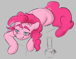 Size: 439x342 | Tagged: safe, artist:newpone, pinkie pie, earth pony, pony, g4, 420, bong, drug use, drugs, female, gray background, lying down, mare, pinkie high, red eyes, simple background, solo