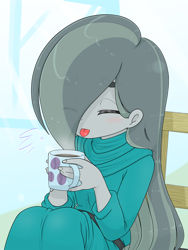 Size: 1668x2224 | Tagged: safe, artist:batipin, marble pie, human, equestria girls, g4, chair, coffee, coffee mug, equestria girls-ified, eyes closed, female, indoors, mug, sitting, solo, tongue out, window