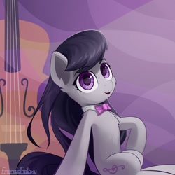 Size: 2000x2000 | Tagged: safe, artist:emeraldgalaxy, octavia melody, earth pony, pony, g4, bowtie, cello, chest fluff, cute, ear fluff, eyebrows, eyebrows visible through hair, female, high res, looking at you, mare, musical instrument, octavia's bowtie, open mouth, open smile, signature, smiling, smiling at you, solo, tavibetes