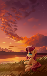 Size: 1800x2900 | Tagged: safe, artist:emeraldgalaxy, sunset shimmer, pony, unicorn, g4, cloud, cute, ear fluff, eye clipping through hair, eyebrows, eyebrows visible through hair, female, frog (hoof), grass, high res, horn, looking at you, looking back, looking back at you, lying down, mare, outdoors, profile, prone, scenery, shimmerbetes, signature, sky, smiling, smiling at you, solo, sunset, sweet dreams fuel, twilight (astronomy), underhoof, water