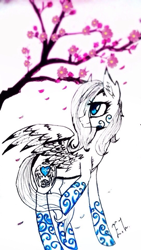 Size: 542x960 | Tagged: safe, artist:hysteriana, oc, oc:hysteriana, angel, pegasus, pony, cherry blossoms, flower, flower blossom, folded wings, old art, pattern, sketch, wings