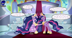 Size: 7680x4154 | Tagged: safe, artist:damlanil, twilight sparkle, oc, oc:star eyes, alicorn, latex pony, original species, pony, the last problem, canterlot, canterlot castle, character to character, clothes, comic, commission, crown, duo, ethereal mane, female, hoof shoes, horn, jewelry, latex, latex skin, mare, necklace, older, older twilight, onomatopoeia, princess twilight 2.0, regalia, rubber, shiny, show accurate, sitting, species swap, speech bubble, standing, text, transformation, twilight sparkle (alicorn), twinning, vector, water, wings