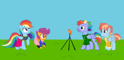 Size: 1024x497 | Tagged: safe, artist:scoutimusprime, bow hothoof, rainbow dash, scootaloo, windy whistles, pegasus, pony, g4, adopted, adopted offspring, alternate clothes, alternate hairstyle, ballerina, camera, clothes, family, father and child, father and daughter, female, filly, foal, grin, headcanon in the description, male, mare, mother and child, mother and daughter, parent:bow hothoof, parent:windy whistles, parents:windyhoof, rainbow dash's parents, scootadoption, scootalove, scootarina, siblings, sisters, smiling, stallion