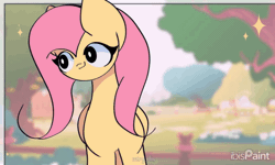 Size: 1700x1020 | Tagged: safe, artist:miryelis, fluttershy, pegasus, pony, animated, big ears, cute, female, gif, heart, long hair, looking at you, mare, shyabetes, signature, smiling, smiling at you, solo