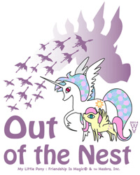 Size: 400x500 | Tagged: safe, artist:warrenhutch, fluttershy, princess celestia, alicorn, dragon, pegasus, pony, fanfic:out of the nest, g4, alternate universe, duo, fanfic, fanfic art, fanfic cover, female, mare, raised hoof, simple background, spread wings, standing, text, white background, wings