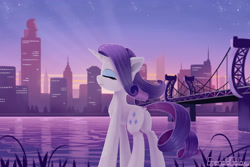 Size: 3000x2000 | Tagged: safe, artist:emeraldgalaxy, rarity, pony, unicorn, g4, bridge, building, butt, chest fluff, city, cityscape, crepuscular rays, crystaller building, cute, dock, ear fluff, eyes closed, female, high res, horn, leg fluff, manehattan, mare, outdoors, plot, profile, raribetes, river, signature, skyline, smiling, solo, tail, water