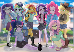 Size: 2814x2000 | Tagged: safe, artist:emeraldblast63, applejack, fluttershy, pinkie pie, rainbow dash, rarity, sci-twi, sunset shimmer, twilight sparkle, human, equestria girls, g4, barefoot, barefoot in shoes, clothes, college, converse, epic, eyeshadow, feet, female, glasses, group, hat, high res, humane five, humane seven, humane six, kneeling, lidded eyes, looking at you, makeup, nail polish, octet, open mouth, open smile, sexy, shoes, sitting, smiling, smiling at you, squatting, toenail polish, university