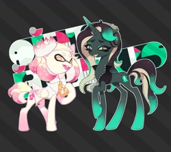 Size: 1349x1200 | Tagged: safe, artist:salmonpringles, pegasus, pony, unicorn, clothes, crown, jewelry, marina (splatoon 2), pearl (splatoon 2), ponified, regalia, splatoon, staring at you, zipper