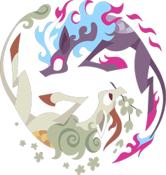 Size: 2545x2687 | Tagged: safe, alternate version, artist:dany-the-hell-fox, kirin, nirik, g4, sounds of silence, duality, duo, flower, high res, mane of fire, mouth hold, simple background, trace, transparent background, yin-yang