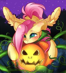 Size: 2550x2814 | Tagged: safe, alternate version, artist:yuris, fluttershy, pegasus, pony, g4, blushing, ears back, eye clipping through hair, female, field, floppy ears, halloween, high res, holiday, hug, jack-o-lantern, mare, night, pumpkin, solo, spread wings, tentacles, wings