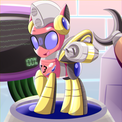 Size: 2000x2000 | Tagged: safe, artist:trackheadtherobopony, oc, oc:trackhead, changeling, robot, claw, computer, drill, high res, jet engine, solo
