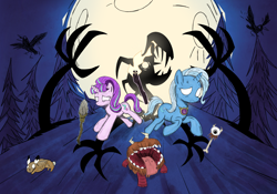 Size: 2388x1668 | Tagged: safe, artist:weiling, starlight glimmer, trixie, pony, unicorn, g4, crossover, cute, don't starve, moon, night, shadow, tree