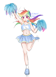 Size: 596x815 | Tagged: safe, artist:rainn__1026, rainbow dash, human, g4, :o, belly button, blushing, cheerleader, cheerleader outfit, clothes, eye clipping through hair, eyebrows, eyebrows visible through hair, female, humanized, midriff, open mouth, pom pom, shoes, simple background, skirt, solo, white background