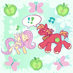Size: 1500x1500 | Tagged: safe, artist:hidoodlee, big macintosh, fluttershy, earth pony, pegasus, pony, g4, cute, exclamation point, female, macabetes, male, mare, music notes, open mouth, open smile, ship:fluttermac, shipping, shyabetes, singing, smiling, stallion, straight