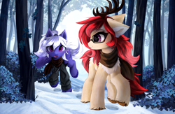 Size: 3846x2500 | Tagged: safe, artist:empress-twilight, oc, oc only, oc:burdie, oc:logic gate, deer, deer pony, hybrid, original species, pegasus, pony, antlers, bush, chest fluff, clothes, cloven hooves, forest, glasses, high res, hoofprints, leaves, nature, outdoors, scarf, snow, sweatshirt, tail, tree, walking