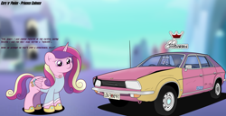 Size: 4664x2398 | Tagged: safe, artist:sparkfler85, derpibooru exclusive, princess cadance, alicorn, pony, g4, austin motor company, austin princess, car, clothes, crystal empire, female, hoof shoes, jewelry, mare, name pun, necklace, shirt, solo, story included, vehicle