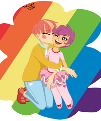 Size: 2500x3000 | Tagged: safe, artist:aoi-haneko, scootaloo, windy whistles, human, g4, adopted, adopted offspring, ballerina, blushing, cheek kiss, clothes, cute, cutealoo, cutie mark on clothes, daaaaaaaaaaaw, female, high res, hug, humanized, kissing, mother and child, mother and daughter, parent:windy whistles, scootadoption, scootalove, scootarina, smiling, wholesome, windybetes
