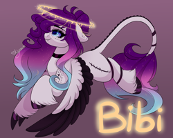 Size: 2500x2000 | Tagged: safe, artist:skyboundsiren, oc, oc:bibi, pegasus, pony, fangs, female, floppy ears, flying, freckles, halo, high res, scar, signature, smiling, solo, unshorn fetlocks, wings
