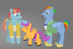 Size: 1280x859 | Tagged: safe, artist:finlet90, bow hothoof, scootaloo, windy whistles, pegasus, pony, g4, ^^, adopted, adopted offspring, ballerina, eyes closed, family, female, filly, foal, gray background, headcanon in the description, male, mare, parent:bow hothoof, parent:windy whistles, parents:windyhoof, scootadoption, scootalove, scootarina, simple background, stallion, trio, wholesome