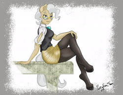 Size: 2179x1691 | Tagged: safe, artist:furryfantan, mayor mare, earth pony, anthro, unguligrade anthro, g4, blouse, clothes, glasses, office, pantyhose, sitting, skirt, solo