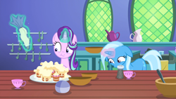 Size: 1920x1080 | Tagged: safe, screencap, starlight glimmer, trixie, pony, unicorn, all bottled up, g4, cup, cupcake, duo, duo female, female, floppy ears, food, glowing, glowing horn, horn, icing bag, kitchen, magic, mare, pepper shaker, teacakes, teacup