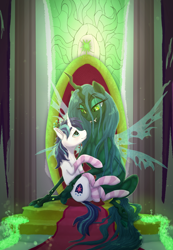 Size: 1000x1447 | Tagged: safe, artist:shaslan, queen chrysalis, shining armor, changeling, changeling queen, pony, unicorn, g4, bedroom eyes, clothes, duo, duo male and female, female, infidelity, looking at each other, looking at someone, male, ship:shining chrysalis, shipping, socks, stallion, stockings, straight, striped socks, thigh highs, throne, victorious villain