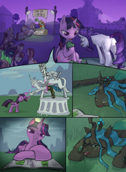 Size: 2219x3028 | Tagged: safe, artist:ciborgen, crackle cosette, queen chrysalis, rarity, twilight sparkle, alicorn, earth pony, pegasus, pony, unicorn, g4, confused, crocs, disguised changeling, high res, rarity is not amused, smug, smuglight sparkle, twilight crockle, twilight sparkle (alicorn), unamused