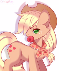 Size: 3000x3600 | Tagged: safe, artist:monstrum, applejack, earth pony, pony, g4, apple, cute, food, high res, looking at you, mouth hold, older, older applejack, solo