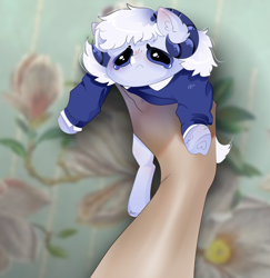 Size: 1396x1436 | Tagged: safe, artist:masonica, oc, pony, blurry background, clothes, holding a pony, sad, solo focus, teary eyes