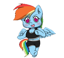 Size: 498x451 | Tagged: safe, artist:mranthony2, rainbow dash, pegasus, anthro, g4, animated, belly button, breasts, chibi, cleavage, clothes, cute, dancing, gif, idolmaster, midriff, mio honda, open mouth, open smile, simple background, skipping, smiling, solo, step!, transparent background