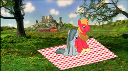 Size: 1916x1076 | Tagged: safe, artist:timelordomega, big macintosh, marble pie, earth pony, pony, g4, blushing, castle, cute, date, dating, female, james the red engine, male, mare, picnic, picnic blanket, ship:marblemac, shipping, sitting, smiling, stallion, straight, suddery castle, thomas and friends, thomas the tank engine, tree