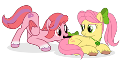 Size: 3712x1920 | Tagged: safe, artist:grapefruit-face, posey bloom, windy, earth pony, pegasus, pony, g4, g5, my little pony: make your mark, my little pony: make your mark chapter 5, spoiler:g5, spoiler:my little pony: make your mark chapter 5, adoraposey, adult blank flank, base used, blank flank, bow, cute, drawing, duo, duo female, eyebrows, face down ass up, fake cutie mark, female, folded wings, g5 to g4, generation leap, hair bow, high res, jewelry, mare, necklace, posey catches a break, shadow, simple background, smiling, transparent background, when she smiles, wings