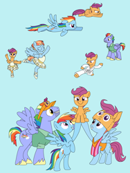 Size: 1500x2000 | Tagged: safe, artist:caldorosa, bow hothoof, rainbow dash, scootaloo, windy whistles, pegasus, pony, g4, adopted, adopted offspring, ballerina, ballet, blue background, cyan background, family, father and child, father and daughter, female, filly, flying, foal, grin, karate, male, mare, mother and child, mother and daughter, parent:bow hothoof, parent:windy whistles, parents:windyhoof, rainbow dash's parents, scootadoption, scootaloo can fly, scootalove, siblings, simple background, sisters, smiling, stallion, wholesome