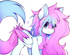 Size: 2160x1620 | Tagged: safe, artist:lerkfruitbat, oc, oc only, oc:dyn, pegasus, pony, chest fluff, colored belly, colored wings, eye clipping through hair, eyebrows, eyebrows visible through hair, eyelashes, facial markings, female, folded wings, hair over eyes, heart, long mane, long tail, looking at you, mare, multicolored hair, multicolored mane, multicolored tail, multicolored wings, pegasus oc, signature, simple background, smiling, smiling at you, solo, tail, two toned wings, white background, wings