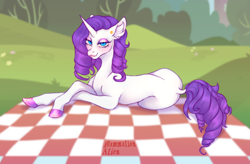 Size: 4444x2912 | Tagged: safe, artist:mammalian_alien, rarity, pony, unicorn, g4, crossed hooves, ear fluff, ear piercing, earring, eyelashes, eyeshadow, female, glitter, hoof polish, hooves, jewelry, lidded eyes, lipstick, looking at you, lying down, makeup, mare, on side, picnic, picnic blanket, piercing, prone, slender, solo, sparkly hooves, thin