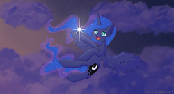 Size: 5747x3111 | Tagged: safe, artist:cattstaycool, princess luna, alicorn, pony, g4, cloud, female, flying, mare, solo