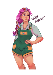 Size: 2488x3533 | Tagged: safe, artist:artbysarf, sunny starscout, human, g5, clothes, cute, female, hand on hip, high res, humanized, mane stripe sunny, overalls, shirt, simple background, solo, standing, sunnybetes, tan skin, white background