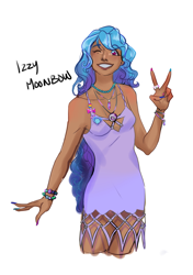 Size: 2488x3533 | Tagged: safe, artist:artbysarf, izzy moonbow, human, g5, bracelet, cute, dark skin, female, grin, high res, humanized, izzybetes, jewelry, moderate dark skin, nail polish, necklace, one eye closed, pansexual, pansexual pride flag, peace sign, pride, pride flag, simple background, smiling, solo, standing, white background, wink