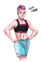 Size: 2488x3533 | Tagged: safe, artist:artbysarf, zipp storm, human, g5, abs, adorazipp, belly button, clothes, cute, cutie mark on clothes, female, hand on hip, high res, humanized, midriff, mohawk, muscles, muscular female, pale skin, ripped zipp, shorts, simple background, smiling, smirk, solo, sports bra, standing, white background