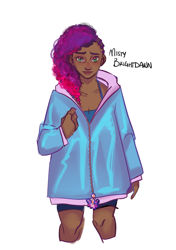 Size: 2488x3533 | Tagged: safe, artist:artbysarf, misty brightdawn, human, g5, clothes, cornrows, cute, dark skin, female, freckles, high res, humanized, jacket, mistybetes, rebirth misty, shorts, simple background, solo, standing, tank top, white background