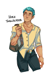 Size: 2488x3533 | Tagged: safe, artist:artbysarf, hitch trailblazer, human, g5, bag, belt, clothes, cute, denim, high res, hitchbetes, humanized, jeans, male, pants, shirt, simple background, solo, standing, tan skin, tank top, white background