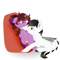 Size: 1600x1600 | Tagged: safe, artist:kathepart, oc, oc:kathepaint, original species, plane pony, pony, unicorn, blue eyes, brown eyes, collar, couple, duo, freckles, plane, pregnant, simple background, transparent background