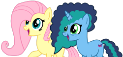 Size: 1375x640 | Tagged: safe, artist:n0va-bases, artist:twilyisbestpone, fluttershy, misty brightdawn, pegasus, pony, unicorn, g4, g5, base used, cute, duo, duo female, female, g5 to g4, generation leap, happy, mare, misty and her heroine, mistybetes, open mouth, open smile, raised hoof, shyabetes, simple background, smiling, tail, transparent background, two toned mane, two toned tail